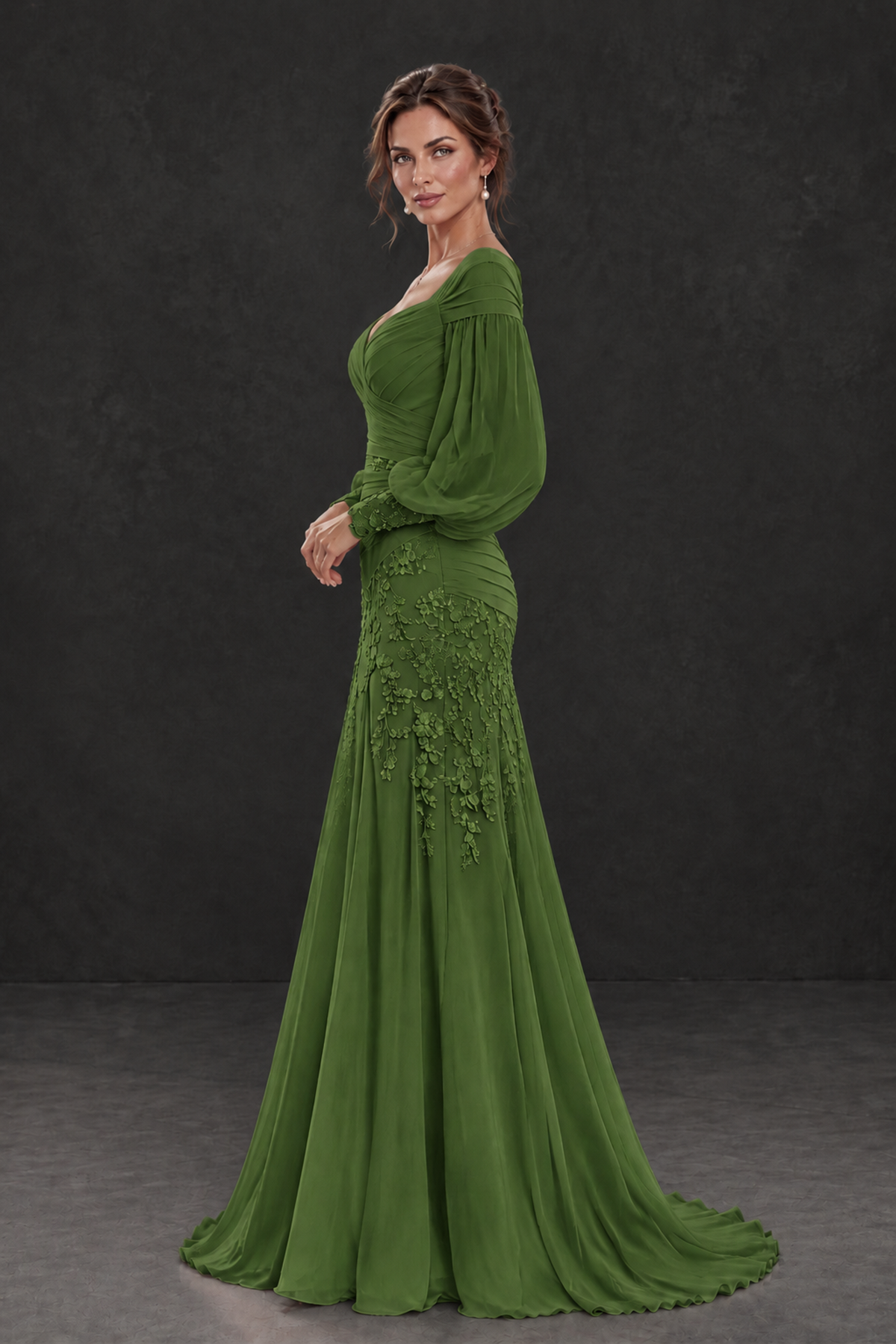 BOLODOO Olive Green Long Sleeve Mother of the Bride Dress with Floral Appliqués - Olive Green - Olive Green (3)