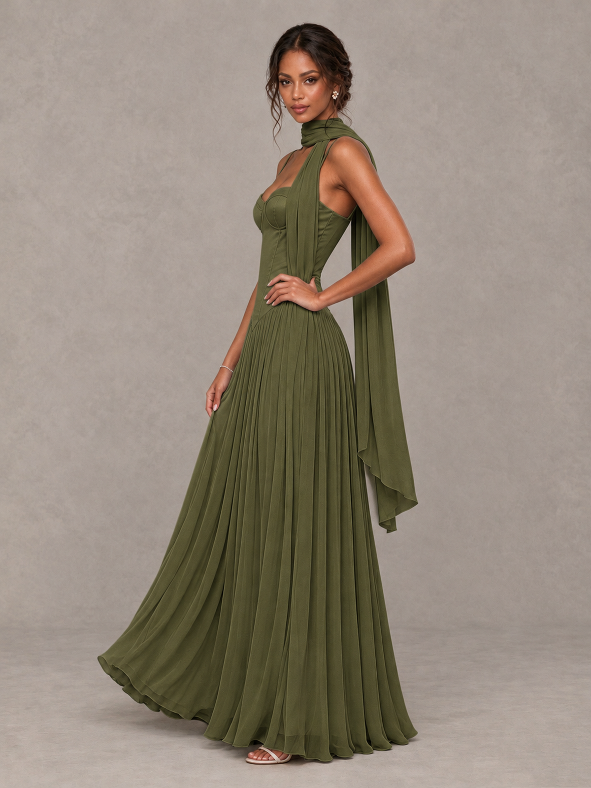 BOLODOO Olive Green Corset Bridesmaid Dress with Scarf - Olive Green - Olive Green (3)