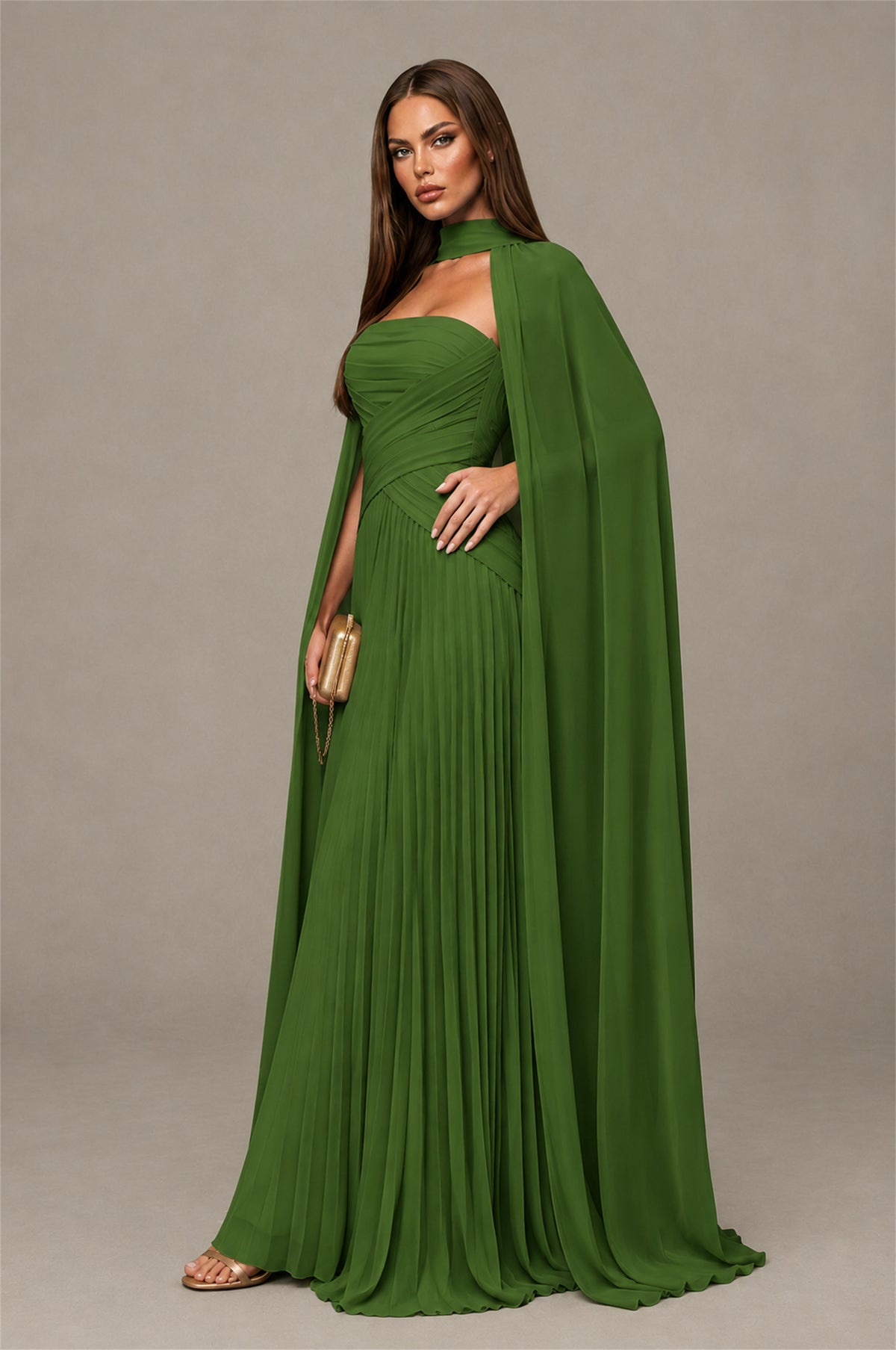 BOLODOO Olive Green Strapless Crossover Ruched Bodice Detached Turtleneck Cape Lace-Up Back Pleated Chiffon Maxi Dress - Olive Green