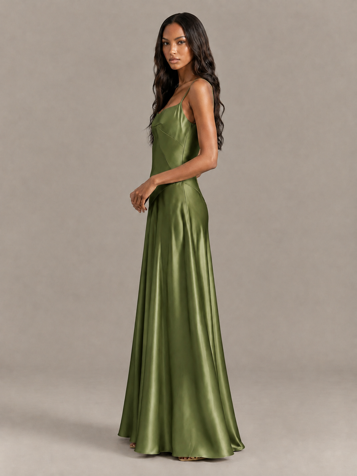 BOLODOO Olive Green Satin Lace-Up Back Maxi Dress - Olive Green
