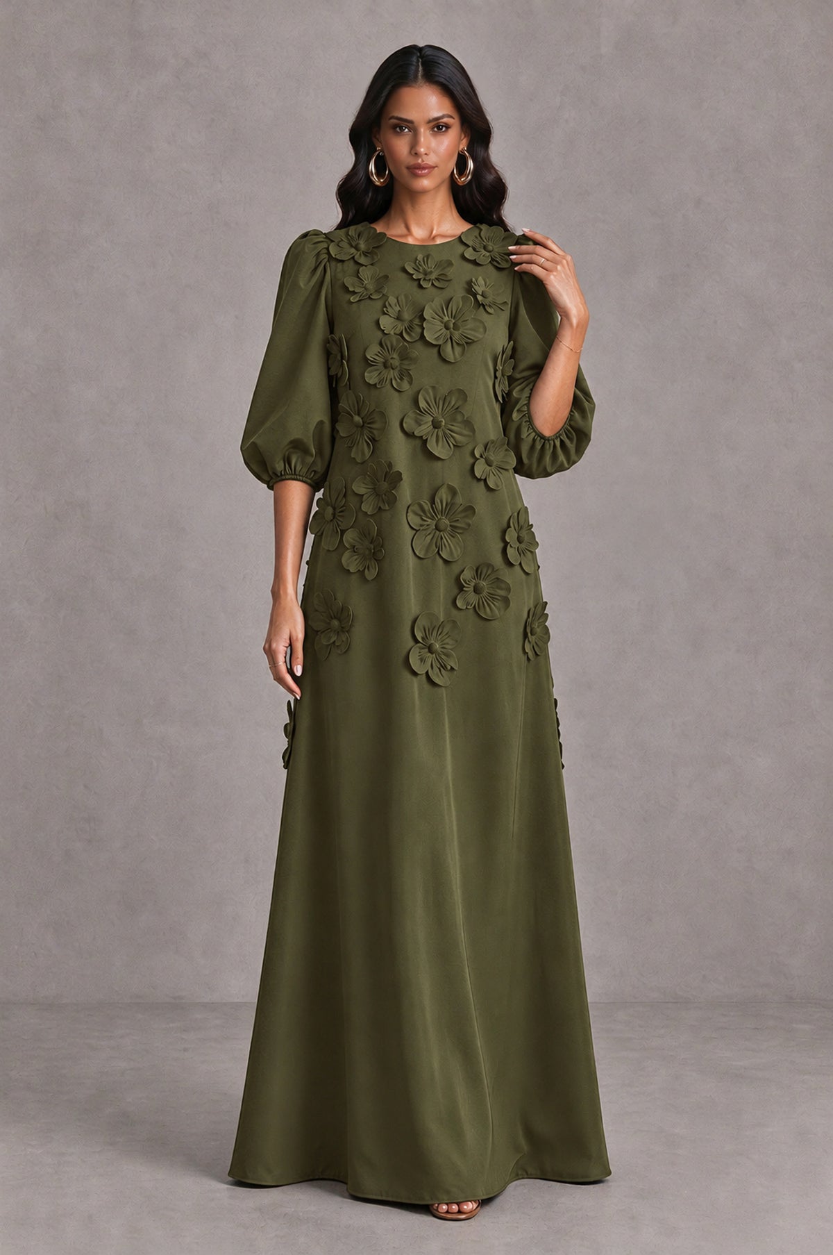 BOLODOO Olive Green Floral Applique Puff Sleeve A-Line Evening Dress - Olive Green - Olive Green (3)