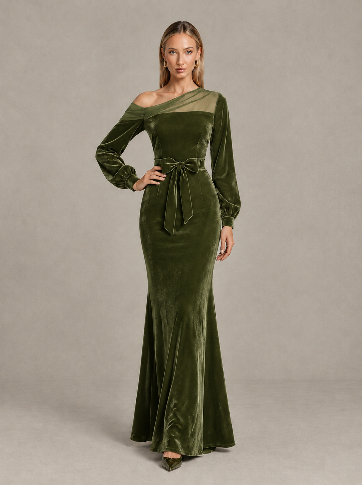 BOLODOO Olive Green Velvet Mermaid Evening Dress with Long Sleeves - Olive Green - Olive Green (3)