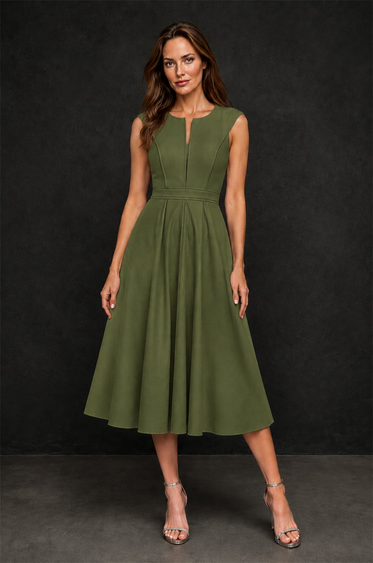 BOLODOO Olive Green 3D Rosette Appliqué 3/4 Sleeve Jacket & V-Notch Sleeveless A-Line Tea-Length Two-Piece Dress Set - Olive Green