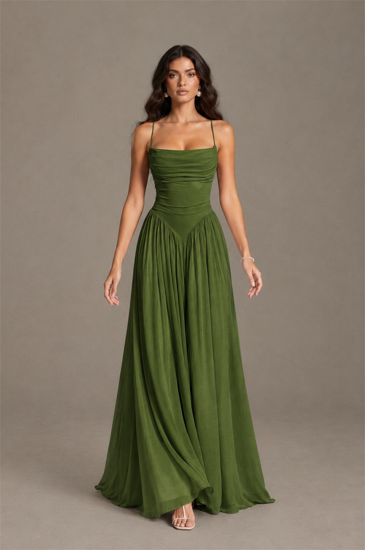 BOLODOO Olive Green Spaghetti Strap Square Neck Ruched Chiffon Maxi Dress with Lace-Up Back - Olive Green
