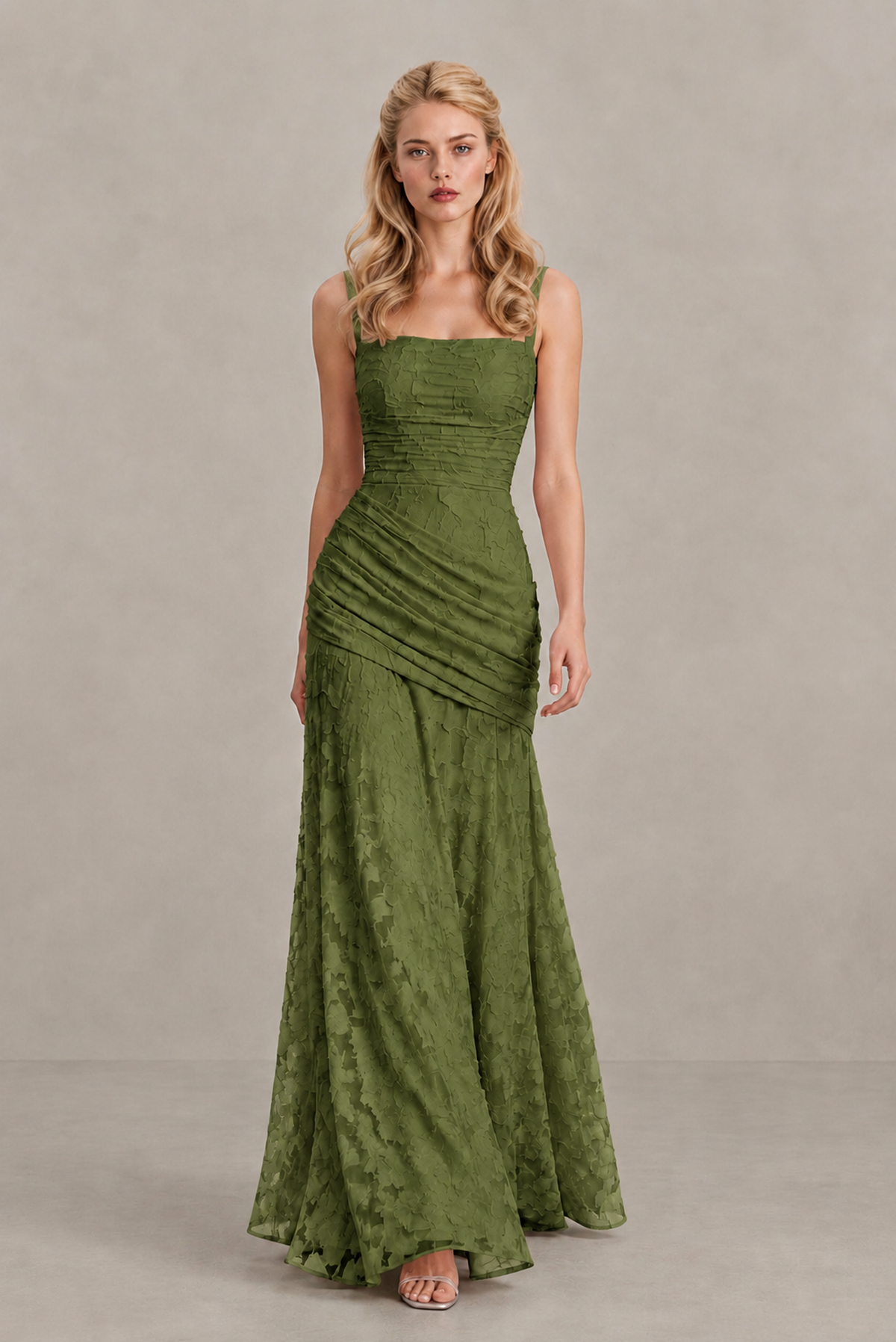 BOLODOO Olive Green Ruched Floral Maxi Dress with Lace-Up Back - Olive Green