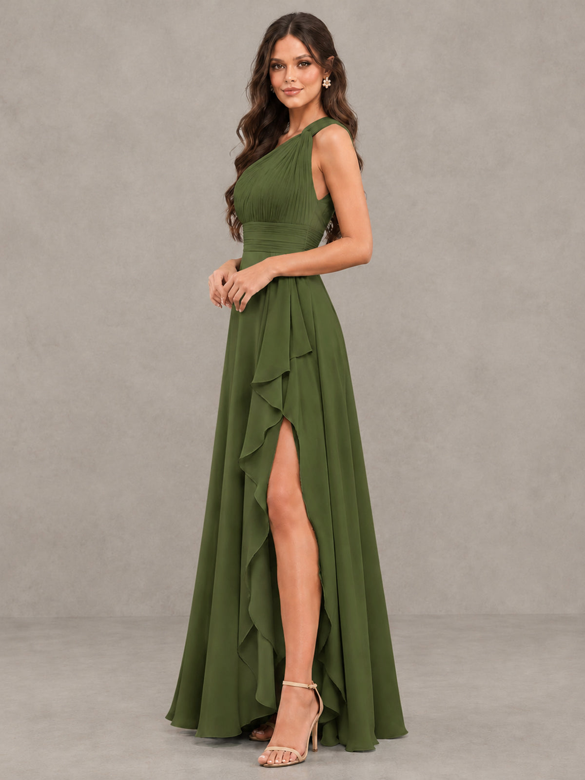 BOLODOO Olive Green One-Shoulder Ruffle Bridesmaid Dress with Slit - Olive Green - Olive Green (3)