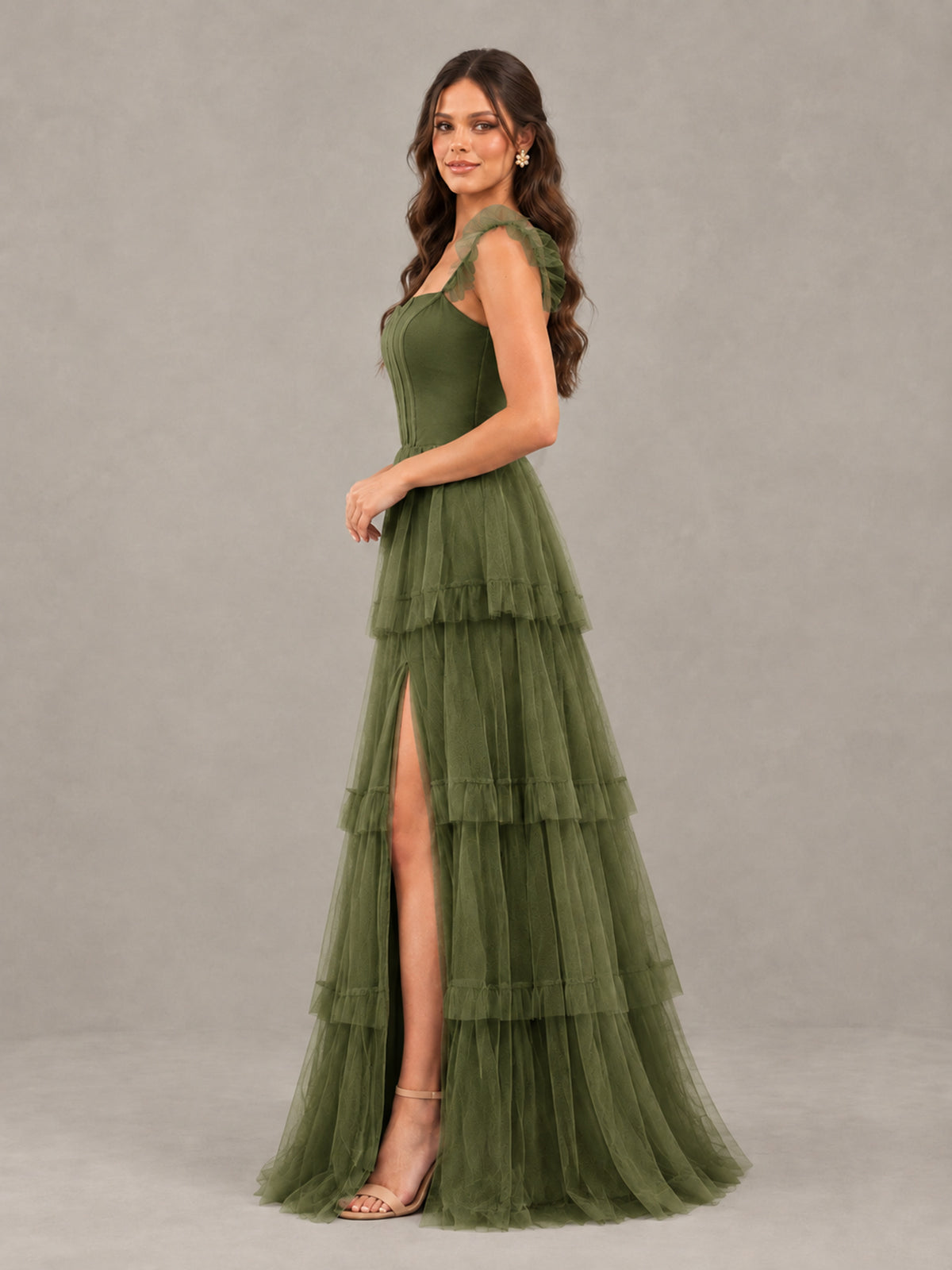 BOLODOO Olive Green Tiered Tulle Bridesmaid Dress with Slit - Olive Green - Olive Green (3)