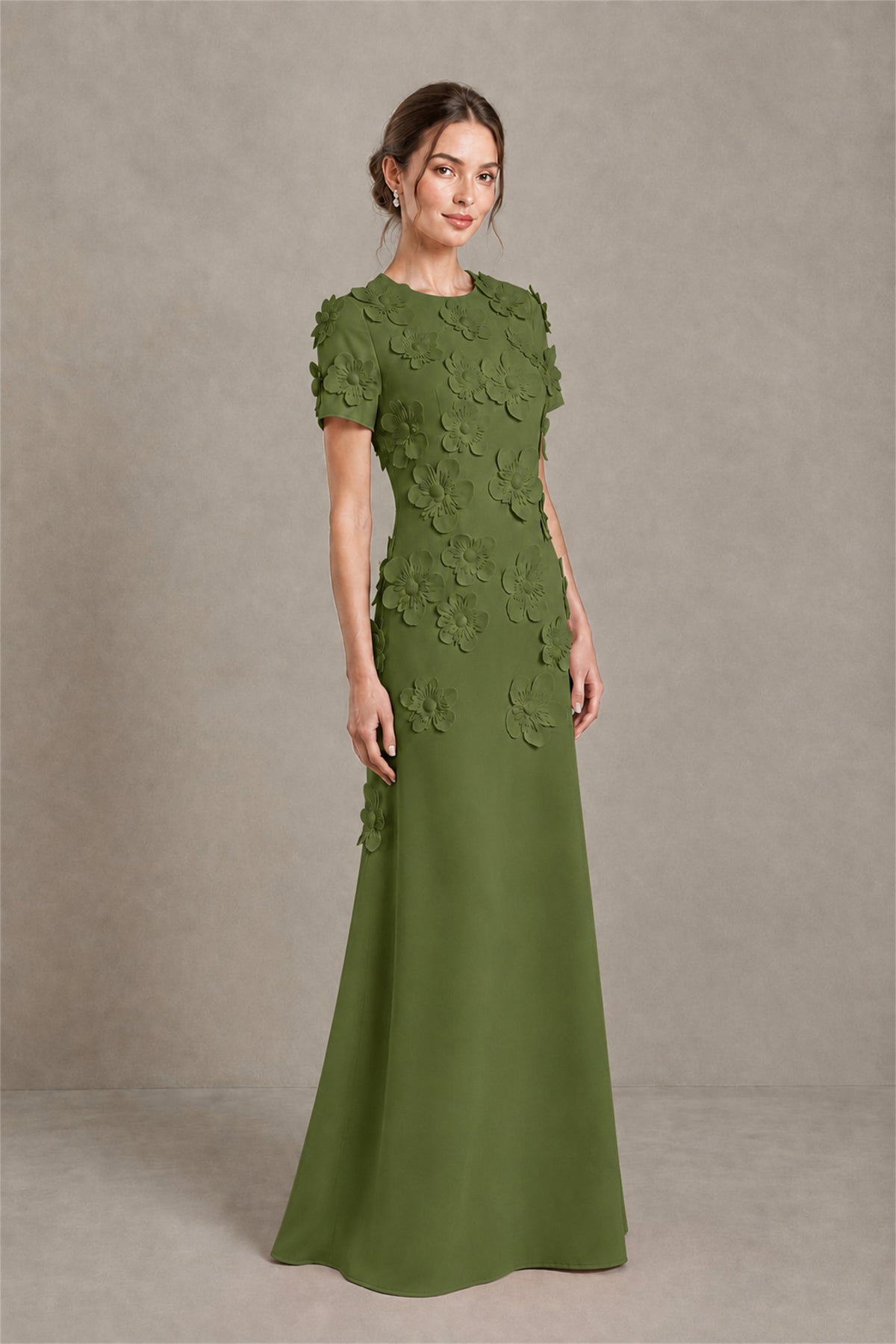 BOLODOO Olive Green Textured Floral Maxi Dress with Short Sleeves - Olive Green