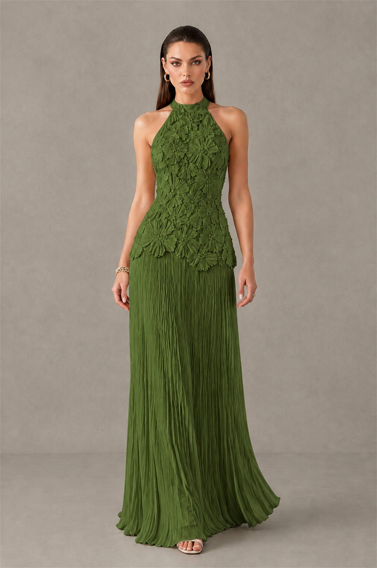 BOLODOO Olive Green 3D Floral Applique Halter Neck Open Back Pleated Maxi Dress - Olive Green
