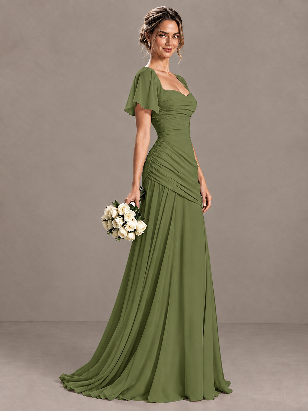 BOLODOO Olive Green Flutter Sleeve Lace-Up Back Maxi Dress - Olive Green
