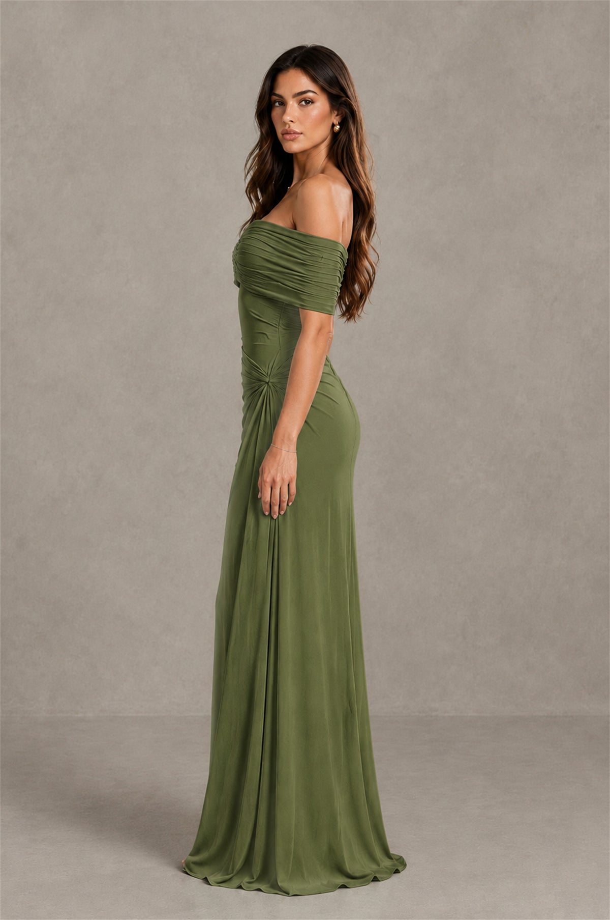 BOLODOO Olive Green Off-Shoulder Ruched Maxi Dress - Olive Green