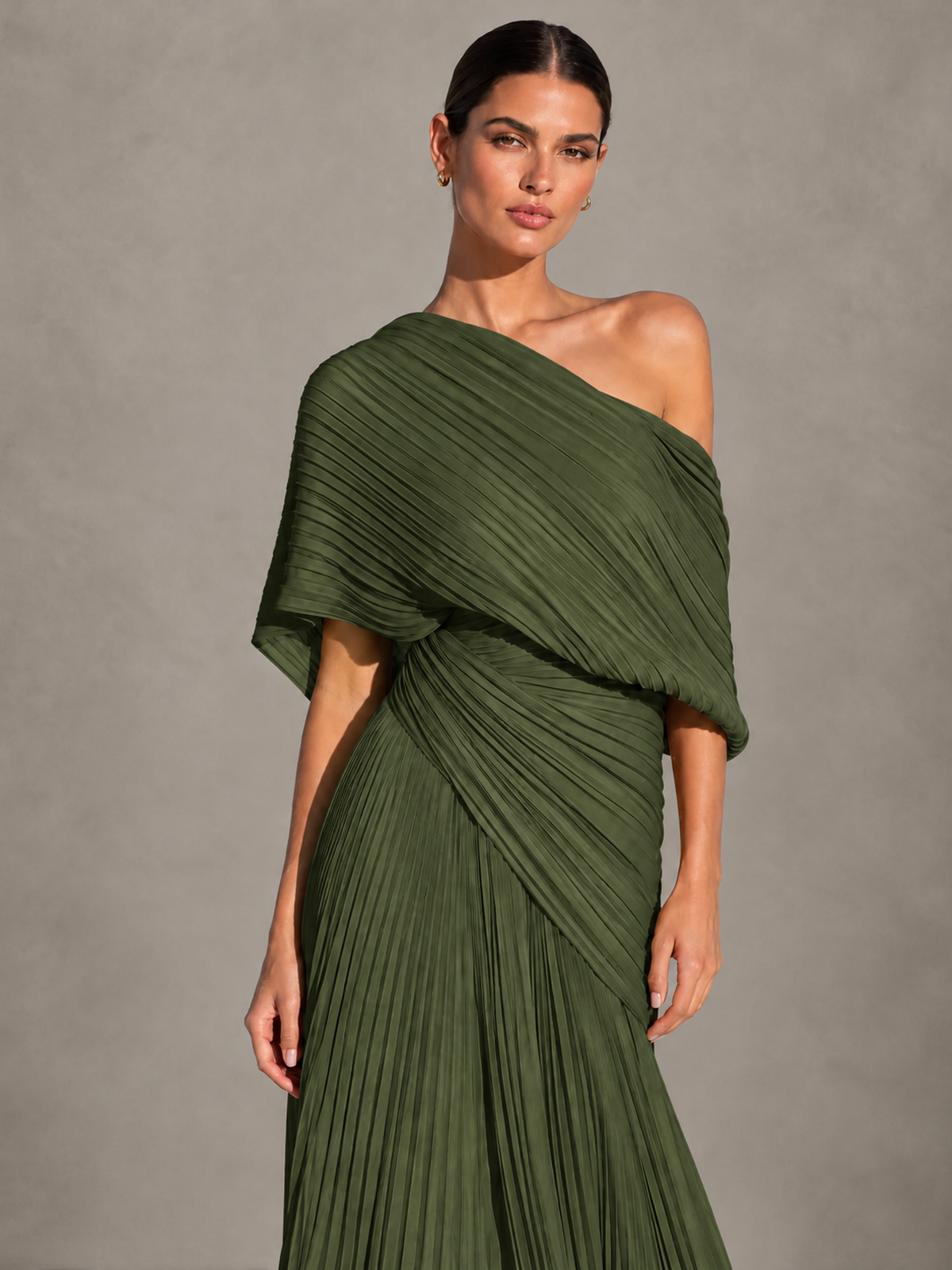 BOLODOO Olive Green One-Shoulder Pleated Cape Evening Gown with Train - Olive Green - Olive Green (3)
