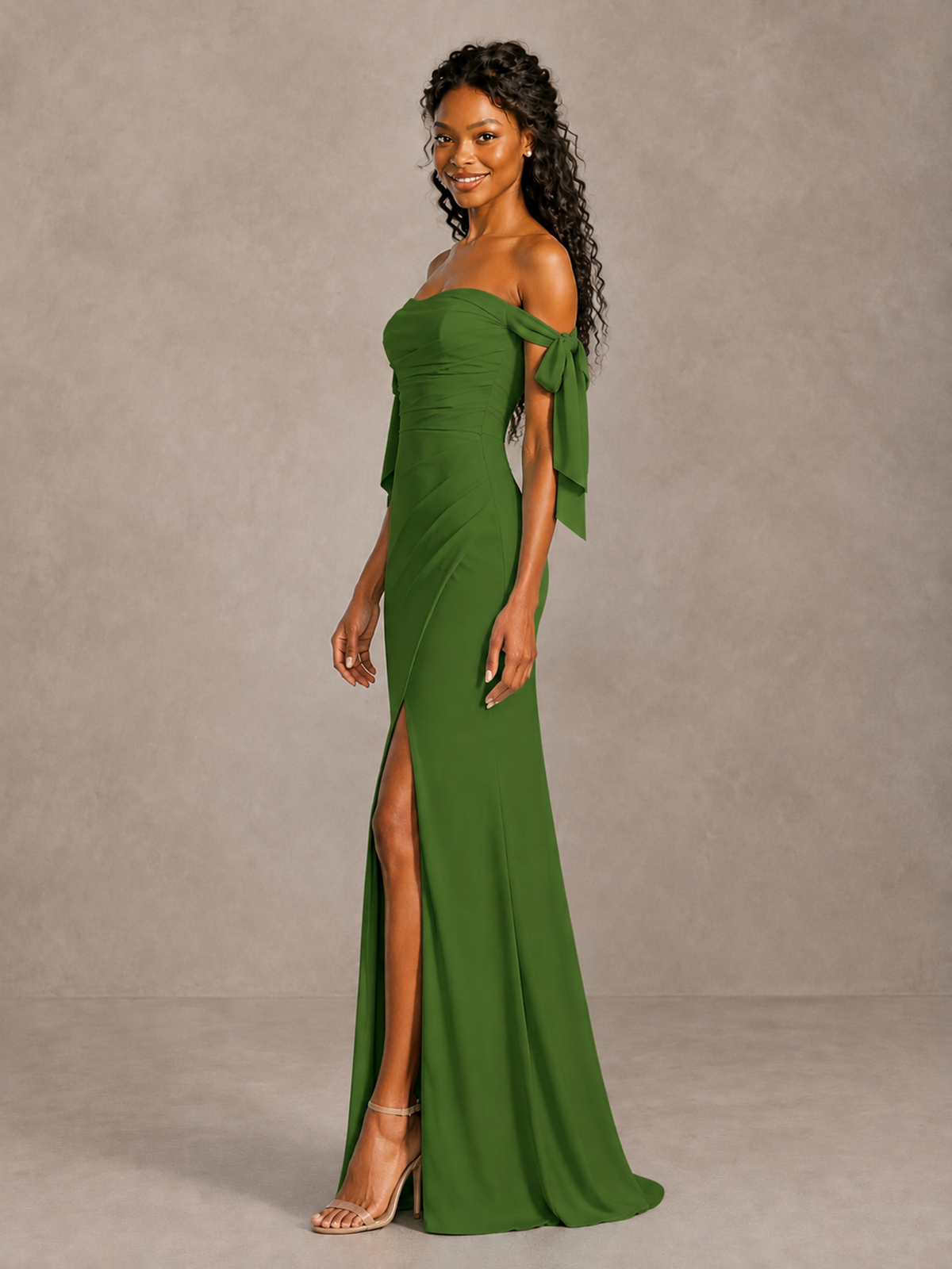 Olive Green Off-Shoulder Bow Bridesmaid Dress with Slit - Olive Green - Olive Green (3)