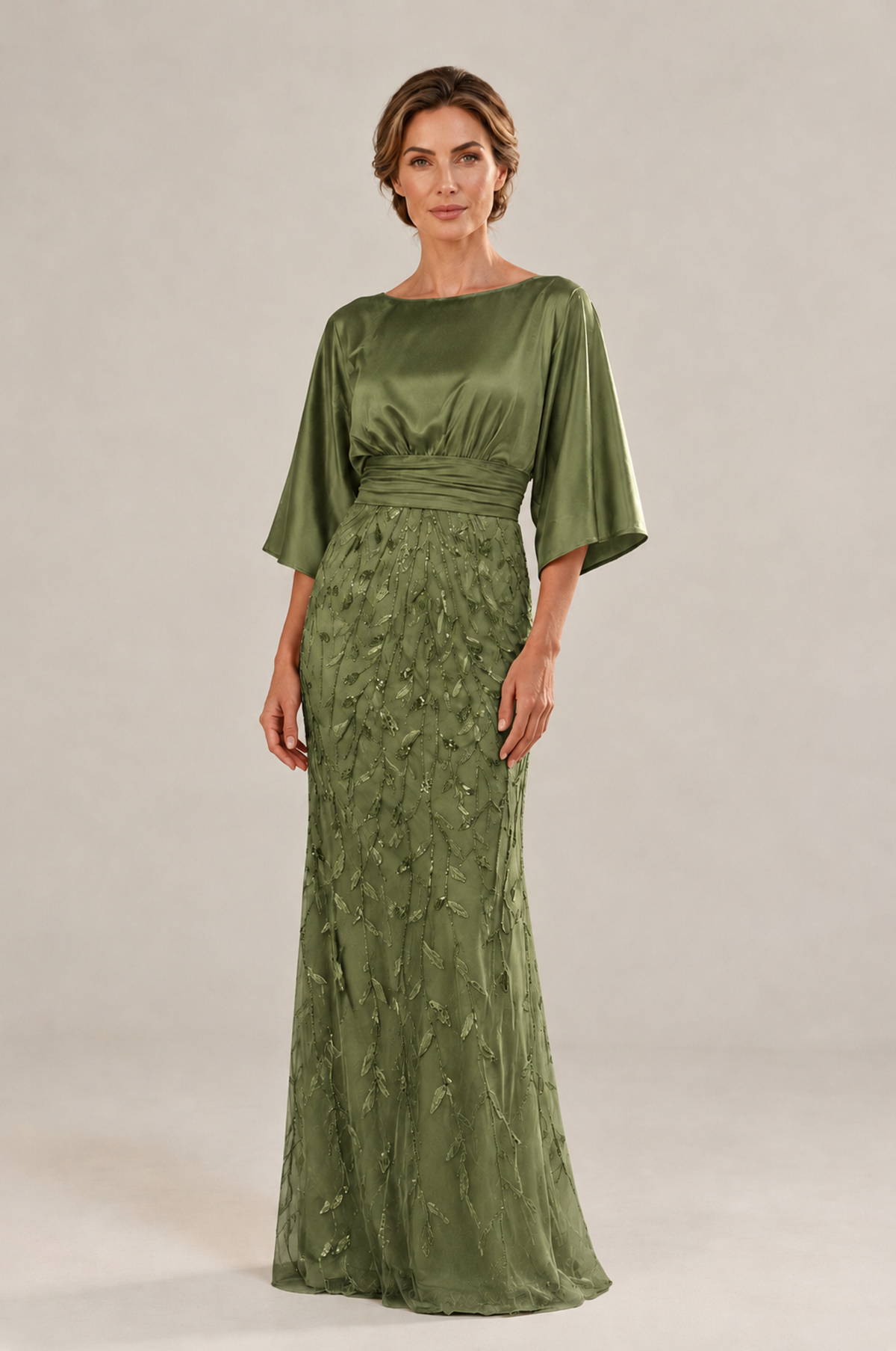 BOLODOO Olive Green Mother of the Bride Dress with Kimono Sleeves, Satin Bodice & Sequin Embroidered Mermaid Floor-Length Gown - Olive Green - Olive Green (3)