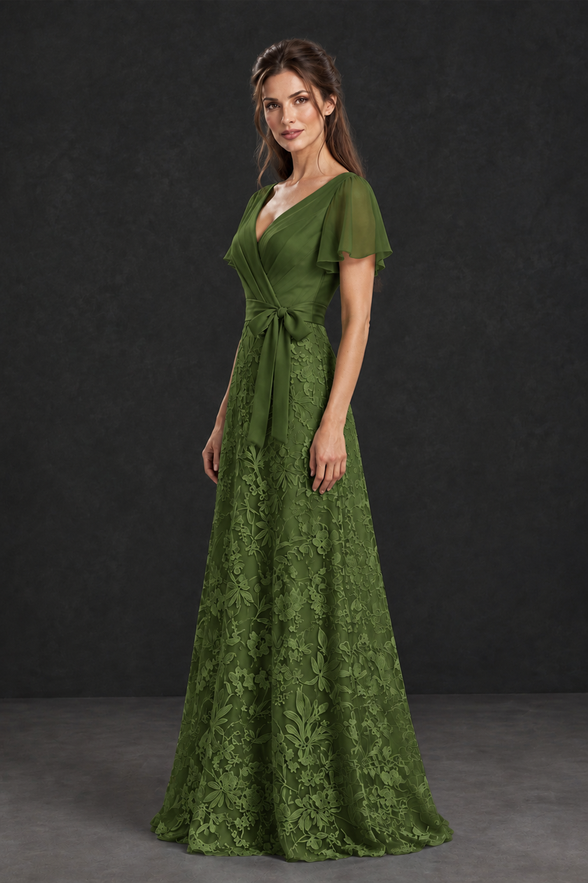 BOLODOO Olive Green Flutter Sleeve Lace Mother of the Bride Dress - Olive Green