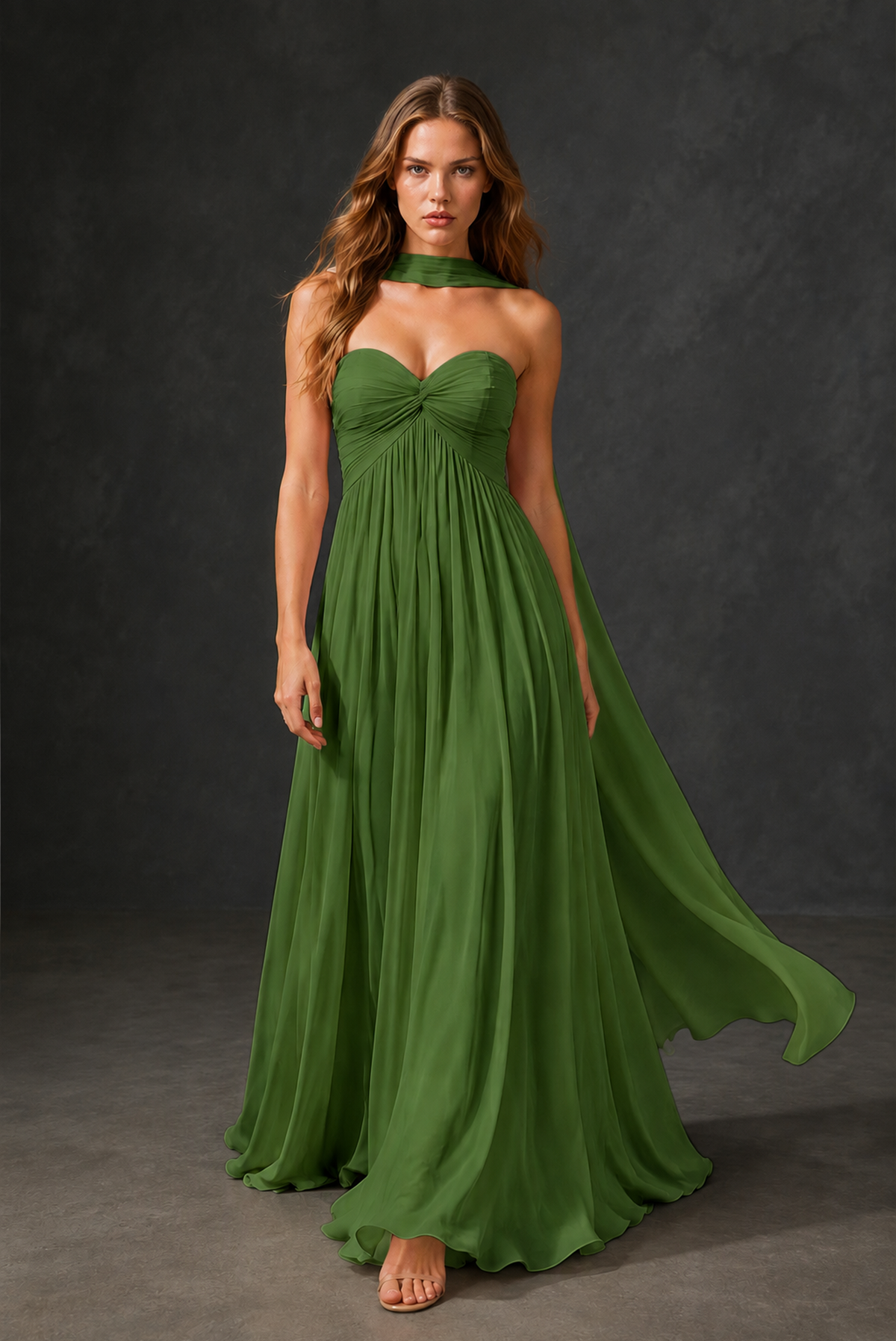 BOLODOO Olive Green Sweetheart Strapless Twist Knot Detached Halter Scarf Lace-Up Back Empire Waist Chiffon Maxi Dress - Olive Green