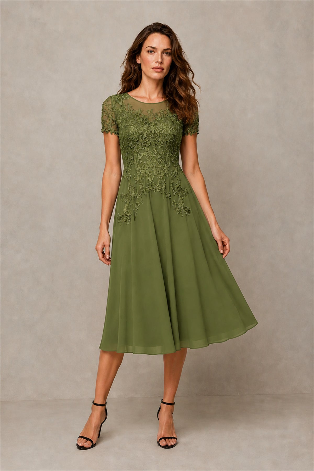 BOLODOO Steel Olive Green Beaded Lace Illusion Bodice Chiffon Tea-Length Dress | Mother of the Bride & Cocktail Party - Olive Green
