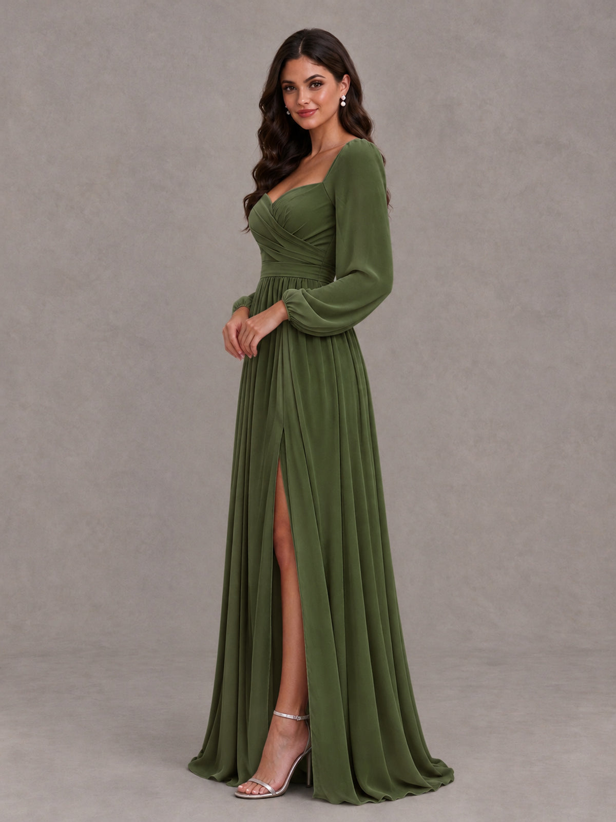BOLODOO Olive Green Long Sleeve Chiffon Bridesmaid Dress with Slit - Olive Green - Olive Green (3)