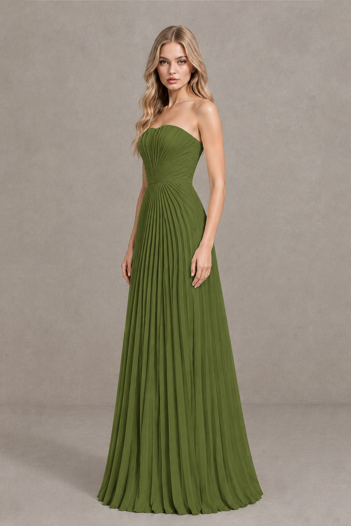 BOLODOO Olive Green Strapless Sunburst Pleated Twisted Knot Lace-Up Back Accordion Pleated Chiffon Maxi Dress - Olive Green