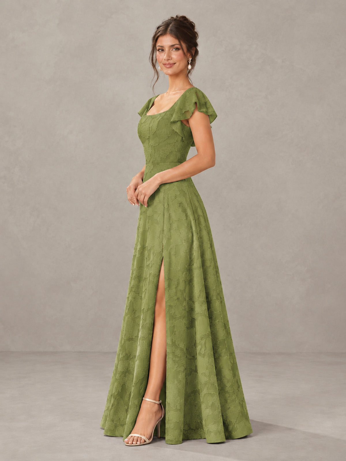 BOLODOO Olive Green Floral Flutter Sleeve Bridesmaid Dress with Slit - Olive Green - Olive Green (3)