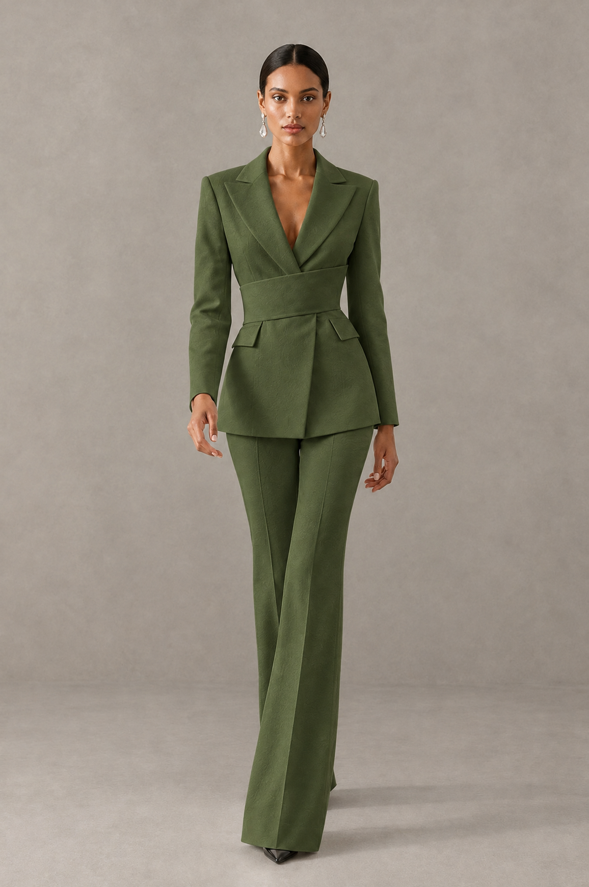 BOLODOO Olive Green Two-Piece Pantsuit with Tailored Blazer & Flared Pants - Olive Green - Olive Green (3)