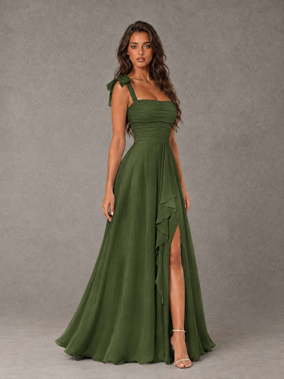 BOLODOO Olive Green Bow-Strap Bridesmaid Dress with Ruffle Slit - Olive Green - Olive Green (3)