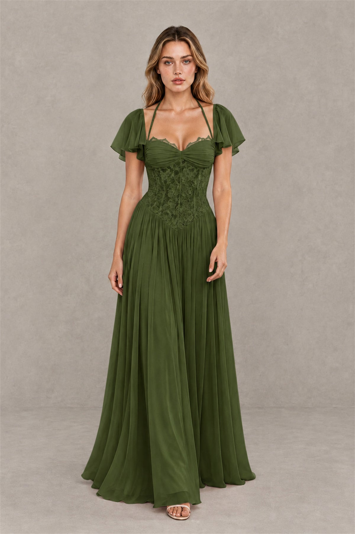 BOLODOO Olive Green Flutter Sleeve Lace Corset A-Line Maxi Dress - Olive Green - Olive Green (3)