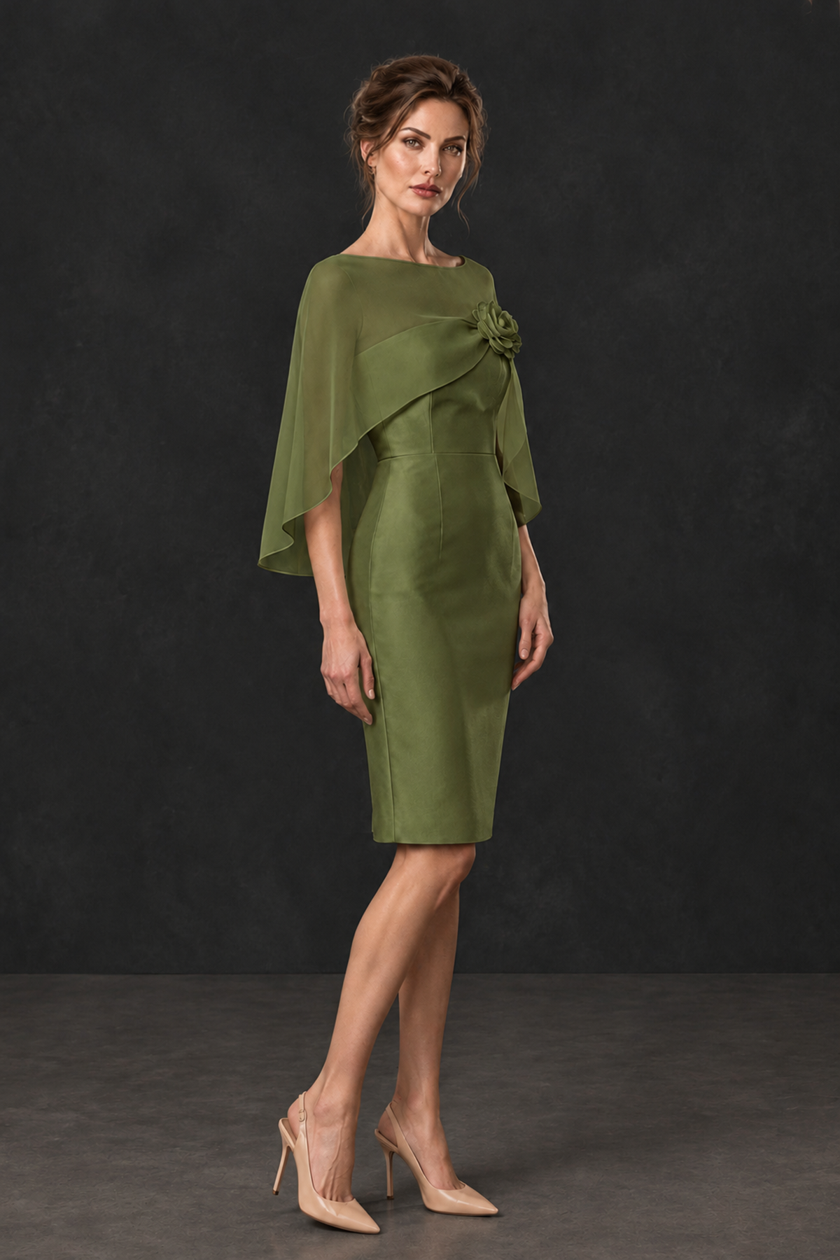 BOLODOO Olive Green Cape Knee-Length Mother of the Bride Dress - Olive Green - Olive Green (3)
