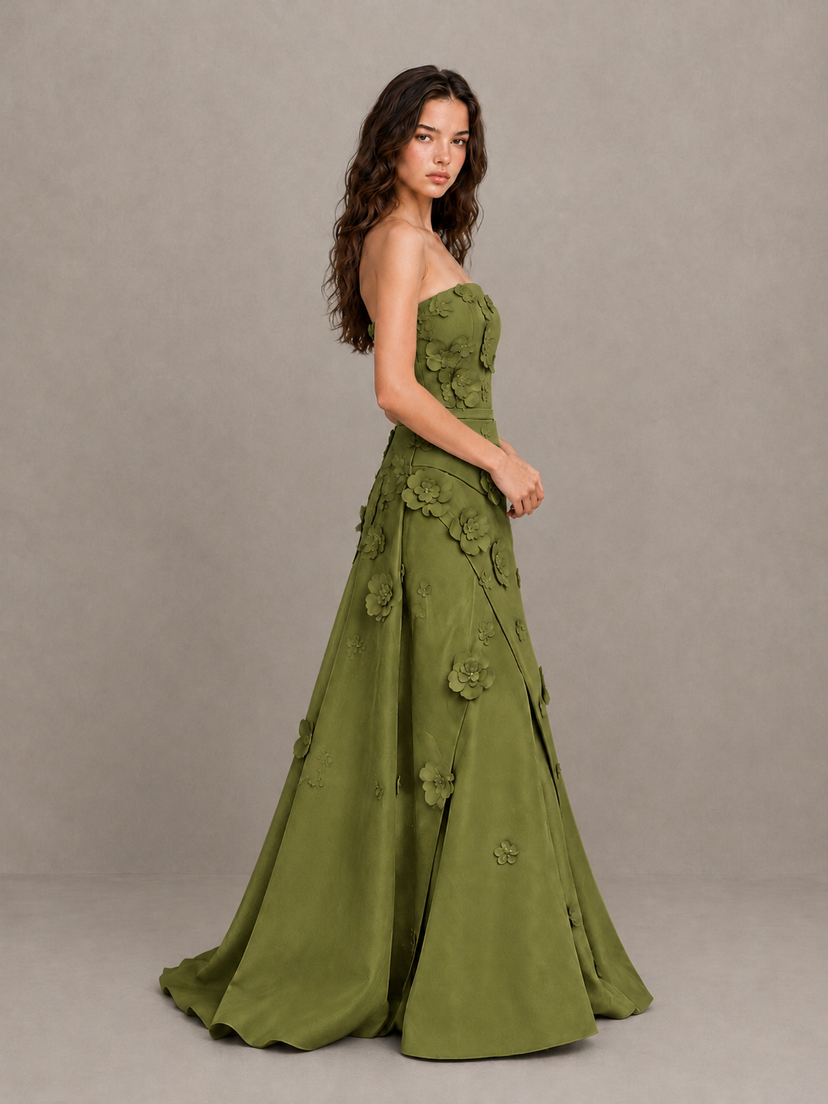BOLODOO Olive Green Strapless 3D Floral Applique Prom Gown with Draped Skirt - Olive Green - Olive Green (3)