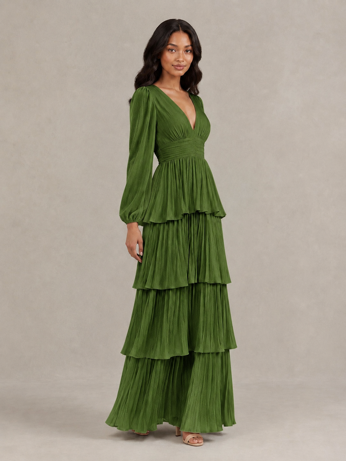 BOLODOO Olive Green Long-Sleeve Tiered Maxi Dress with Deep V-Neck - Olive Green