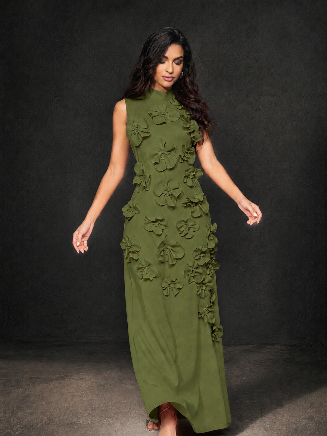 BOLODOO Olive Green Mock Neck Sleeveless 3D Floral Appliqué Maxi Dress with Bow Back - Olive Green