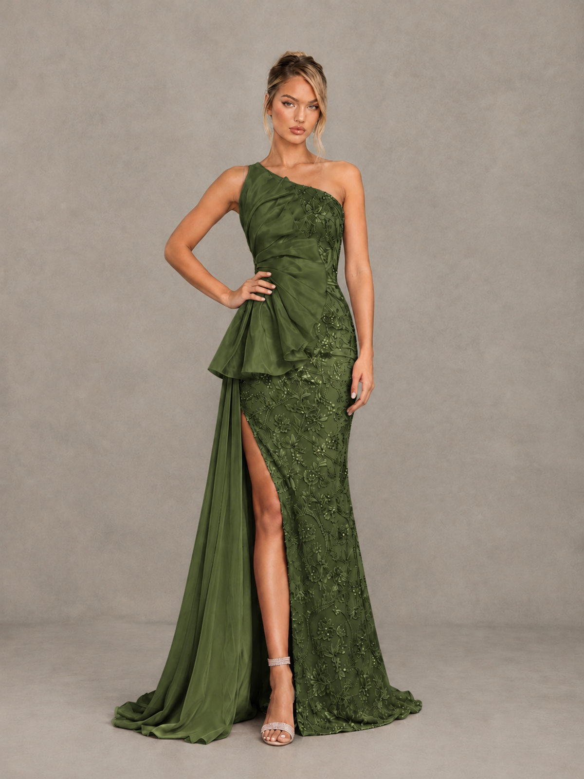 BOLODOO Olive Green One-Shoulder Floral Lace Evening Gown with High Slit - Olive Green - Olive Green (3)