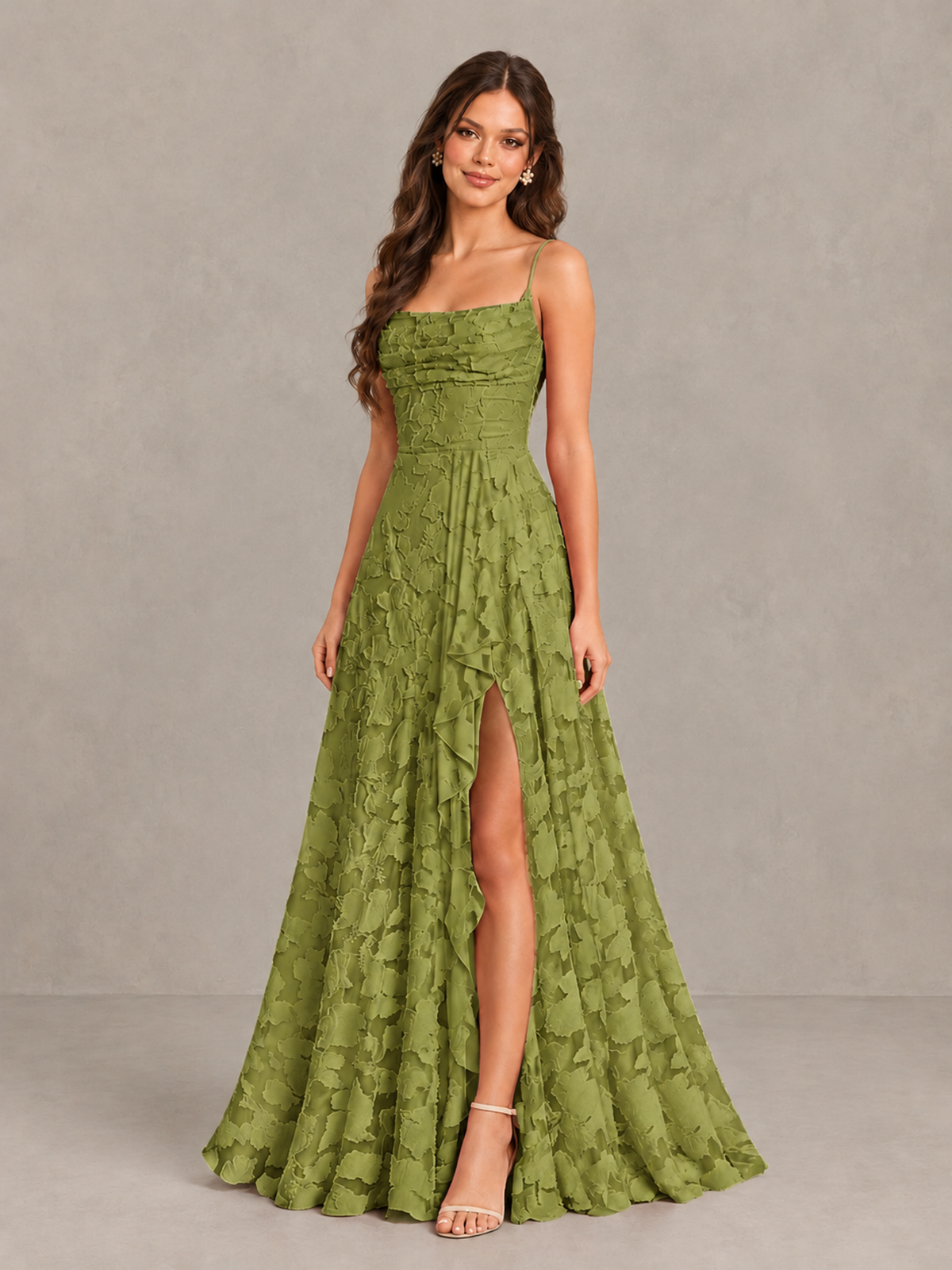 BOLODOO Olive Green Floral Appliqué Slit Maxi Dress - Olive Green - Olive Green (3)