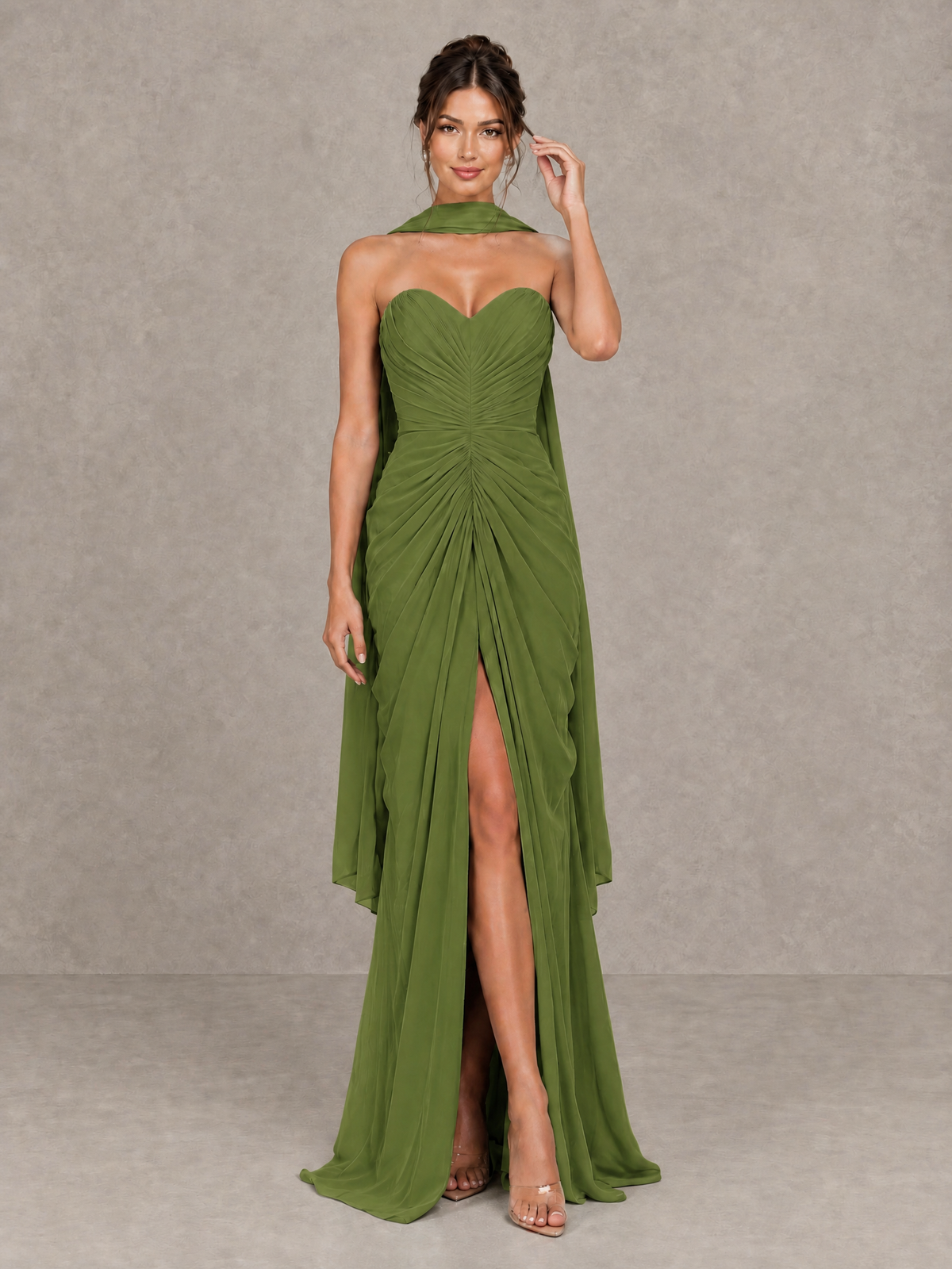 BOLODOO Olive Green Strapless Ruched Maxi Dress with Scarf and Slit - Olive Green