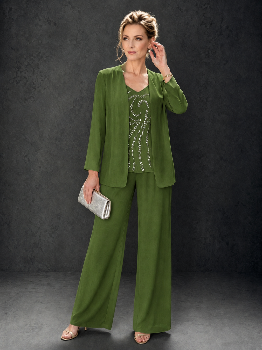 BOLODOO Olive Green 3-Piece Mother of the Bride Pant Suit with Beaded Top & Chiffon Jacket - Olive Green