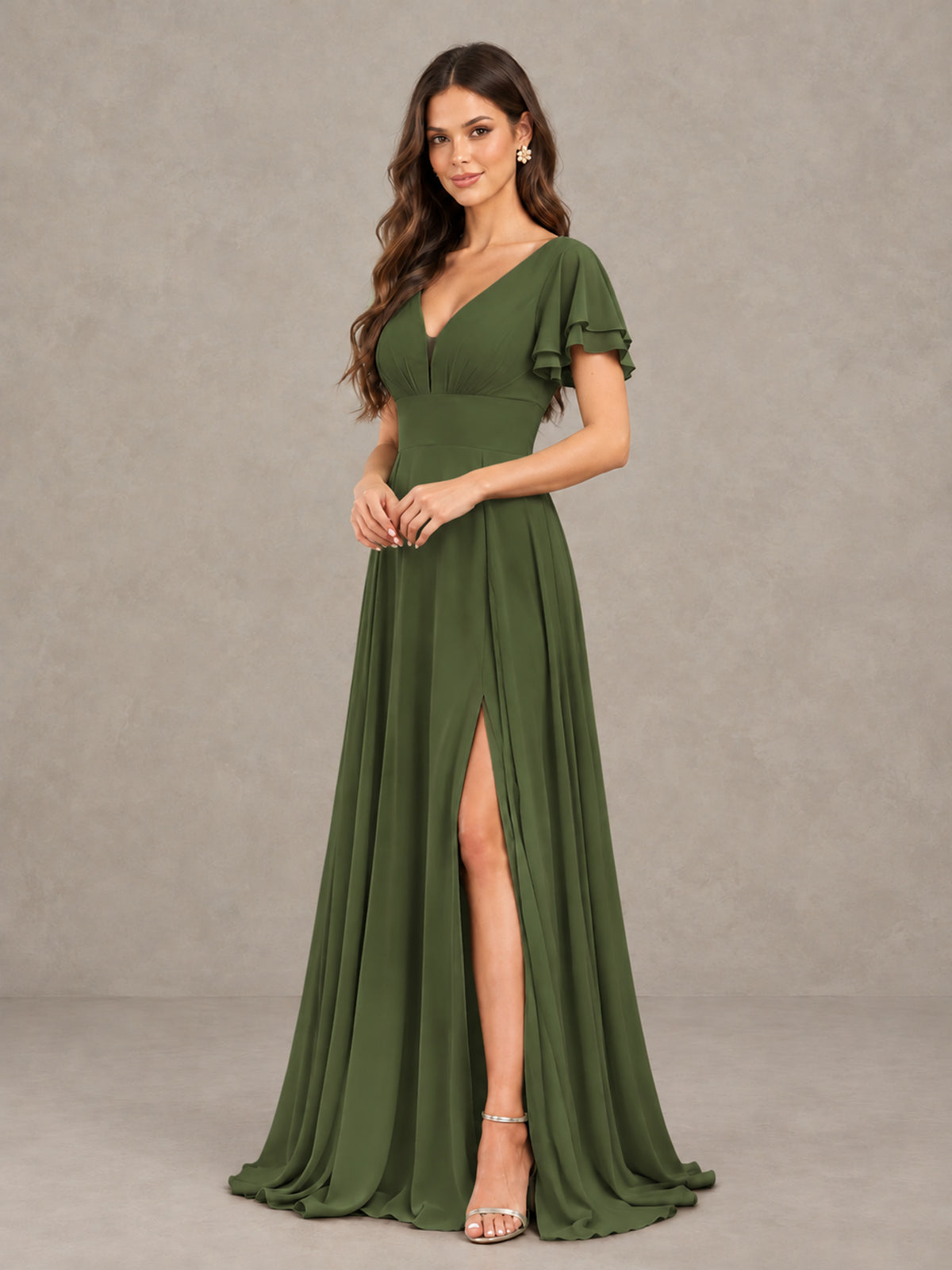 BOLODOO Olive Green Flutter Sleeve Chiffon A-Line Maxi Bridesmaid Dress with Open Back & Slit - Olive Green - Olive Green (3)