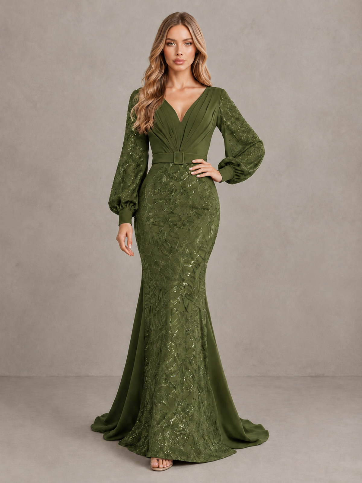 BOLODOO Olive Green Sequin Long Bishop Sleeve Mermaid Evening Dress - Olive Green - Olive Green (3)