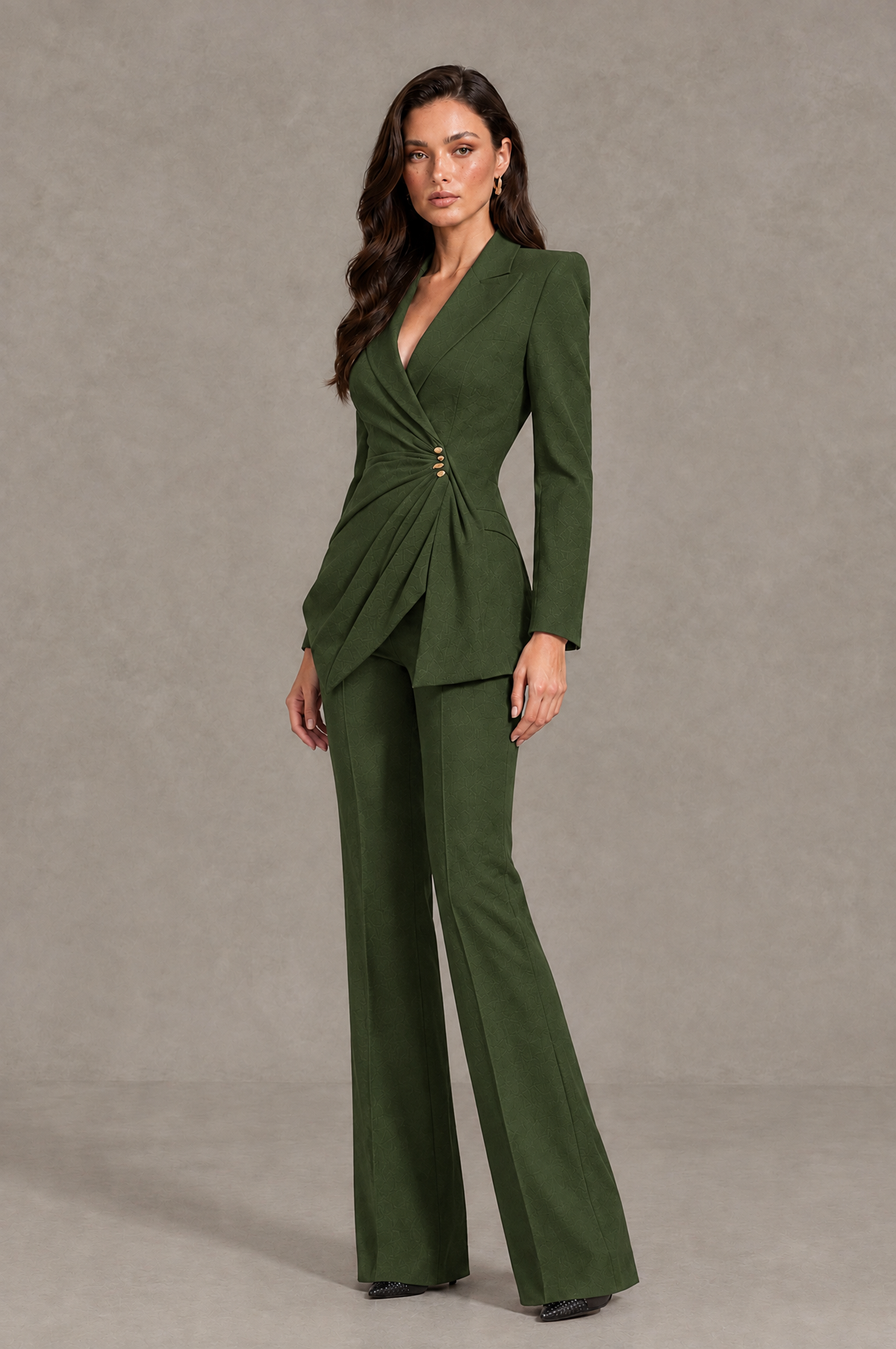 BOLODOO Olive Green Long Sleeve Wrap Blazer Pantsuit with Wide-Leg Trousers - Olive Green - Olive Green (3)