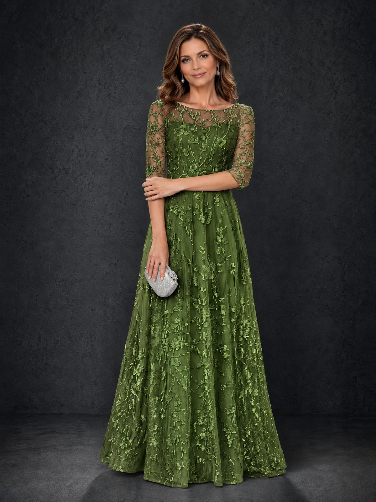 BOLODOO Steel Olive Green Floral Lace A-Line Mother of the Bride Dress with 3/4 Sleeves - Olive Green