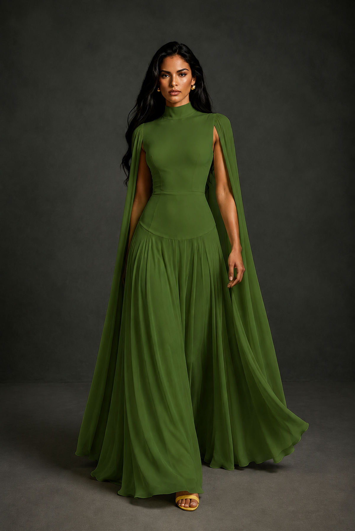 BOLODOO Olive Green Mock Neck Cape Sleeve A-Line Chiffon Maxi Dress - Olive Green