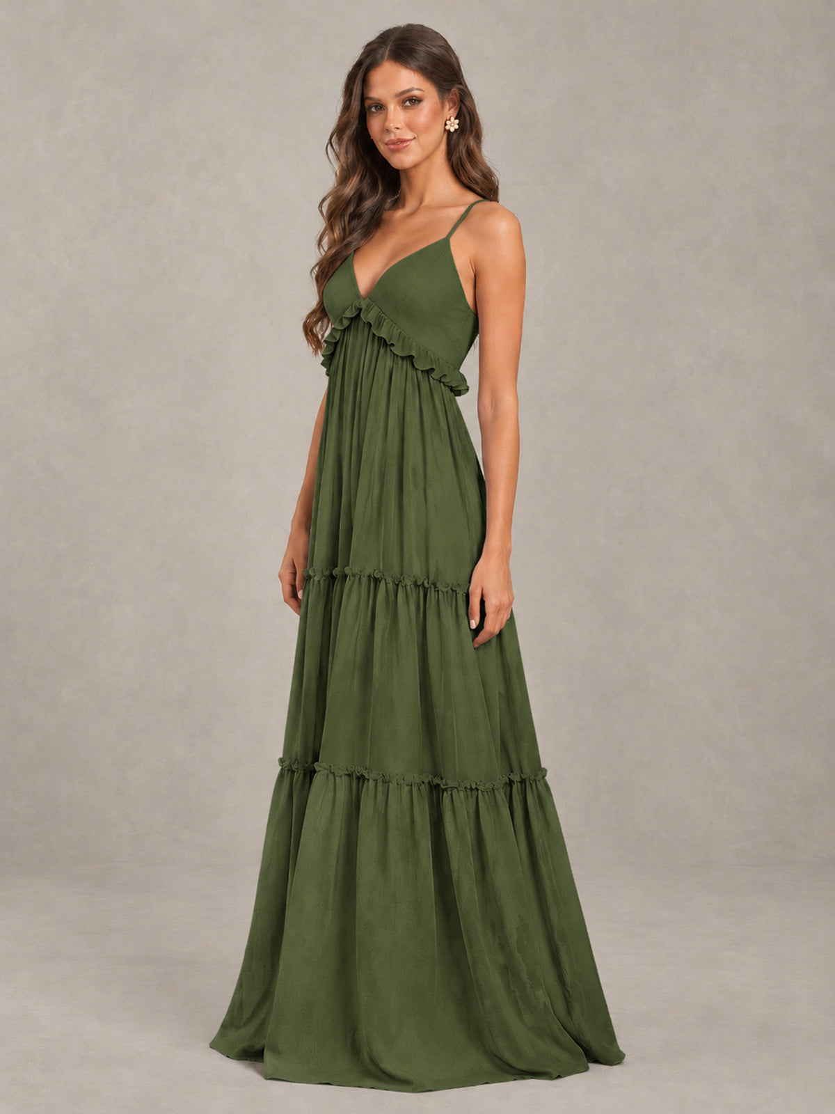 BOLODOO Olive Green Tiered V-Neck Lace-Up Back Bridesmaid Dress - Olive Green - Olive Green (3)