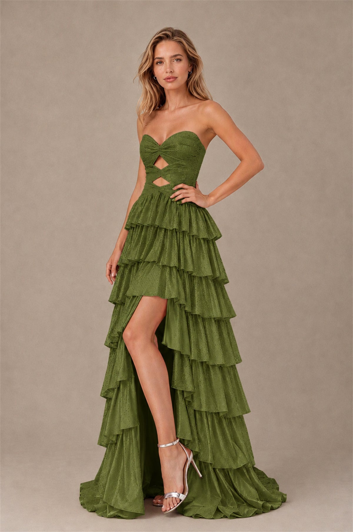 BOLODOO Olive Green Strapless Cutout Tiered Ruffle Prom Dress with High Slit - Olive Green - Olive Green (3)