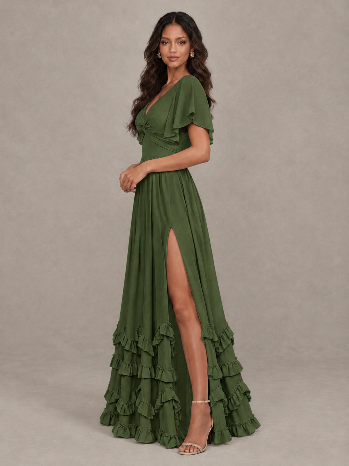 BOLODOO Olive Green V-Neck Flutter Sleeve Ruffle Bridesmaid Dress with Slit - Olive Green - Olive Green (3)