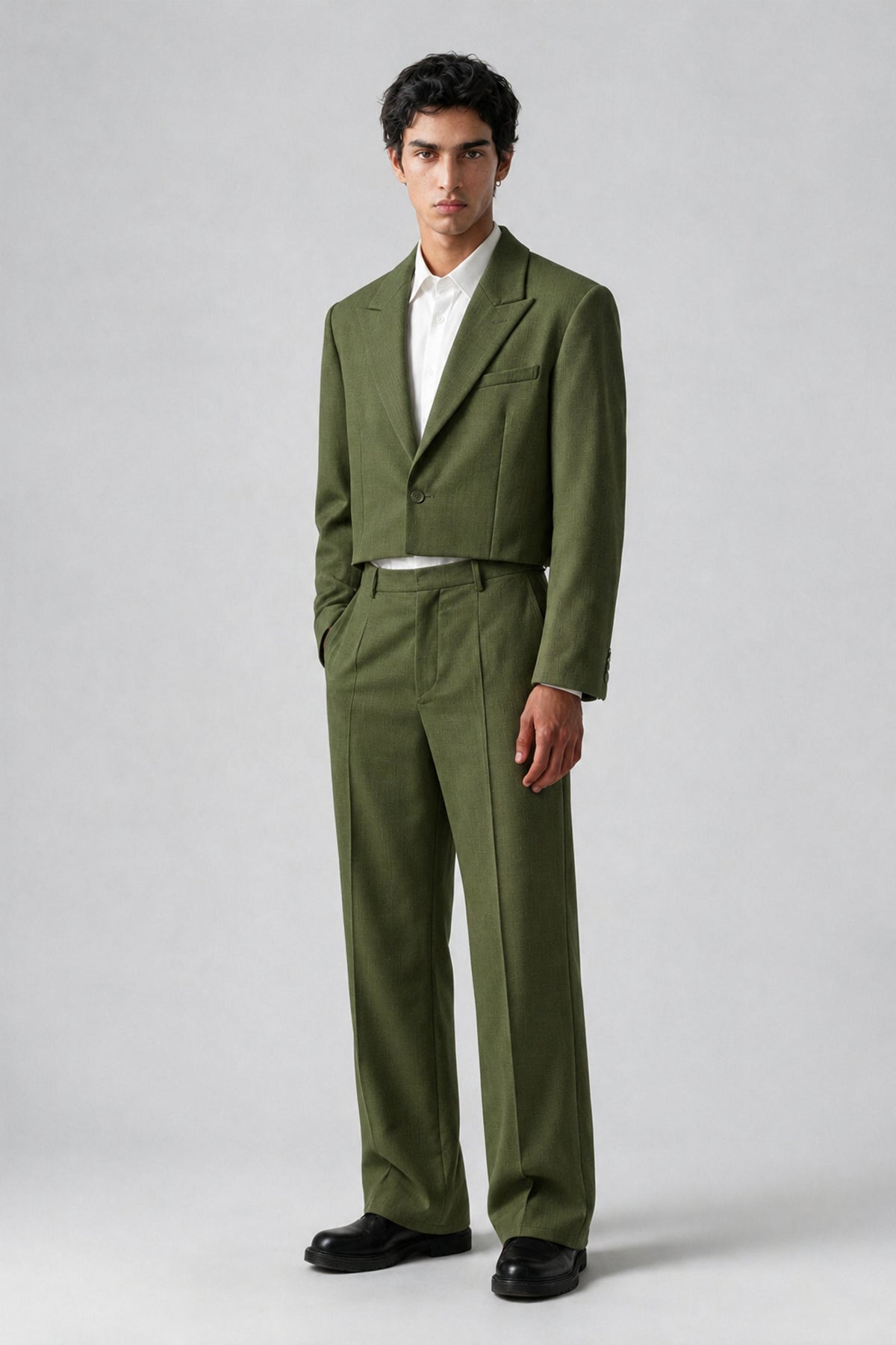 Bolodoo Men's Olive Green Cropped Blazer & Wide-Leg Trousers 2-Piece Suit - Olive Green - Olive Green (3)