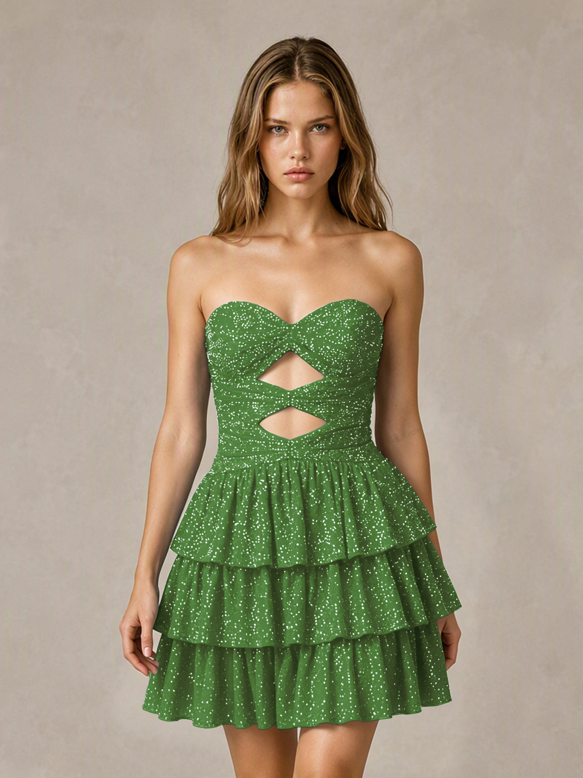 BOLODOO Olive Green Strapless Sweetheart Cutout Glitter Tiered Ruffle Mini Dress | Lace-Up Back Corset - Olive Green