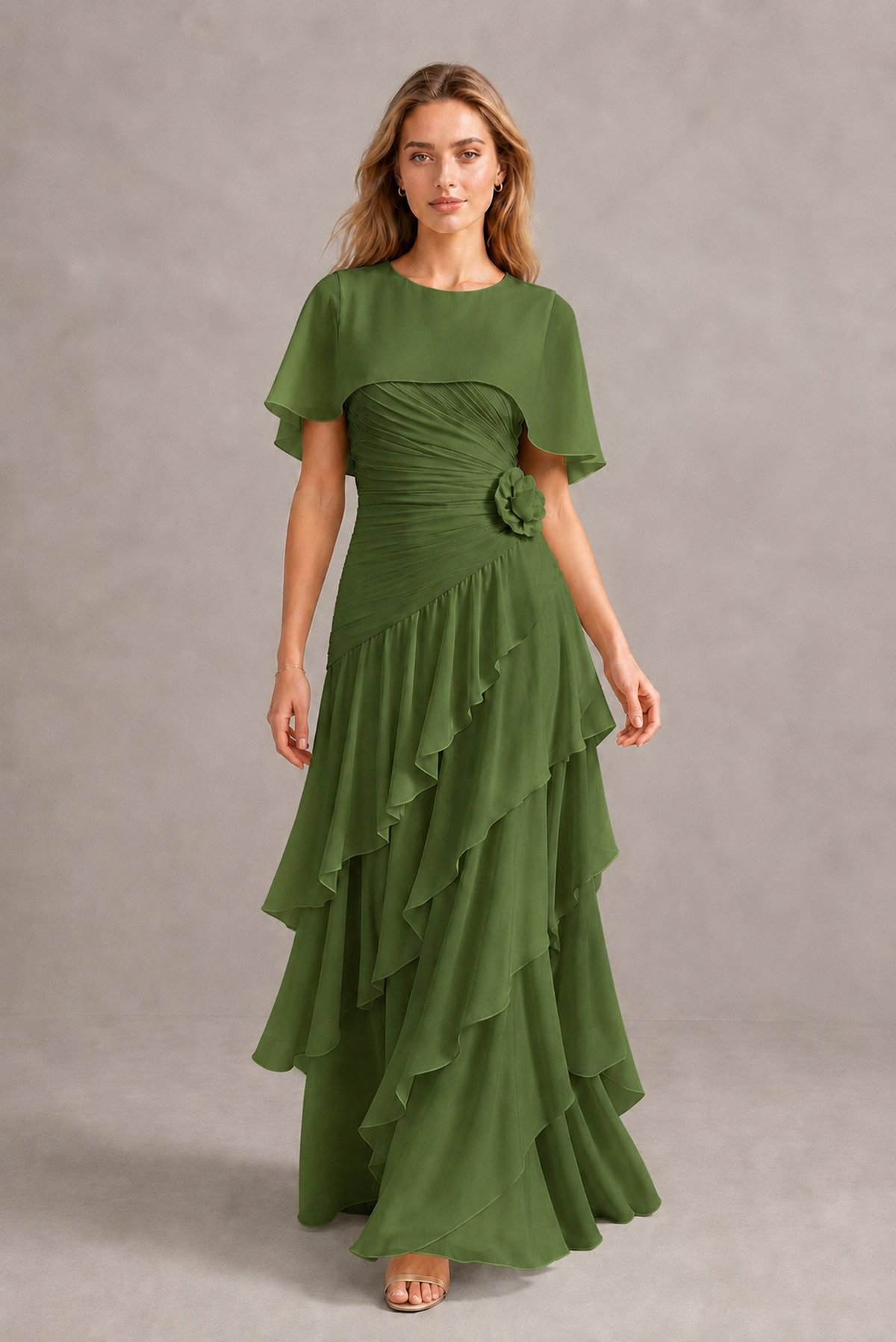 BOLODOO Olive Green Chiffon Flutter Sleeve Tiered Maxi Dress with 3D Rosette - Olive Green