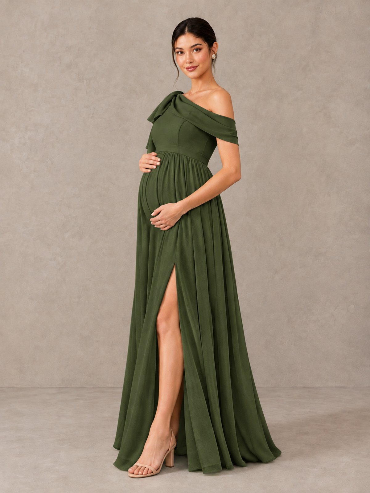 BOLODOO Olive Green One-Shoulder Maternity Bridesmaid Dress with Slit - Olive Green - Olive Green (3)