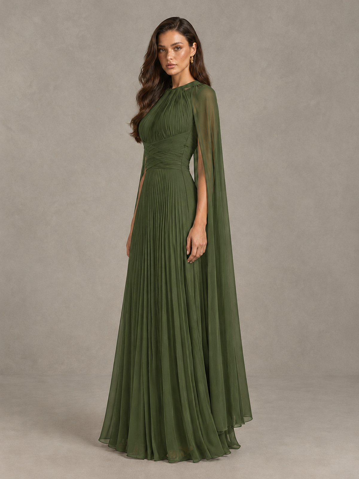 BOLODOO Olive Green Pleated Cape Maxi Wedding Guest Dress - Olive Green - Olive Green (3)