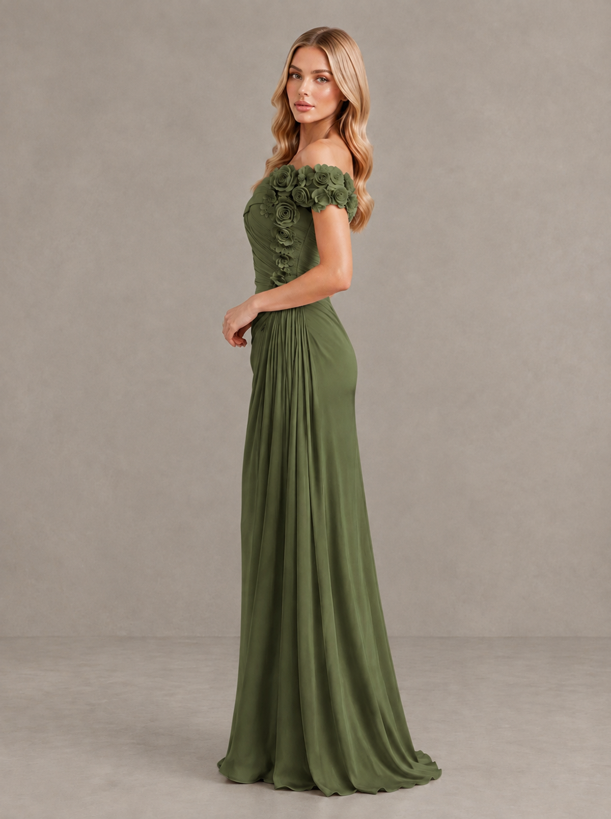 BOLODOO Olive Green Off-Shoulder Floral Applique Wedding Guest Maxi Dress - Olive Green - Olive Green (3)