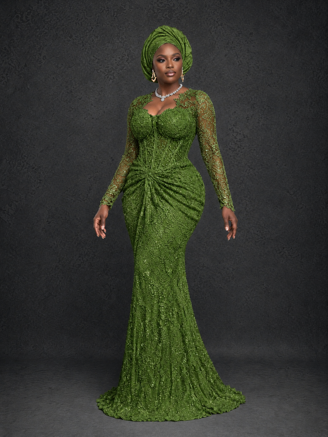 BOLODOO Olive Green Beaded Lace Long Sleeve Mermaid Gown Sweetheart | Mother of the Bride - Olive Green